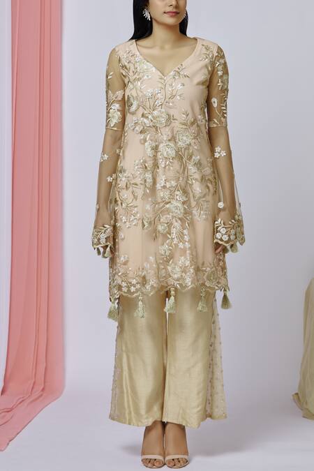 Aariyana Couture_Gold Net, Organza, Bamboo Tassels Collared Embroidered Kurta Set_Online_at_Aza_Fashions