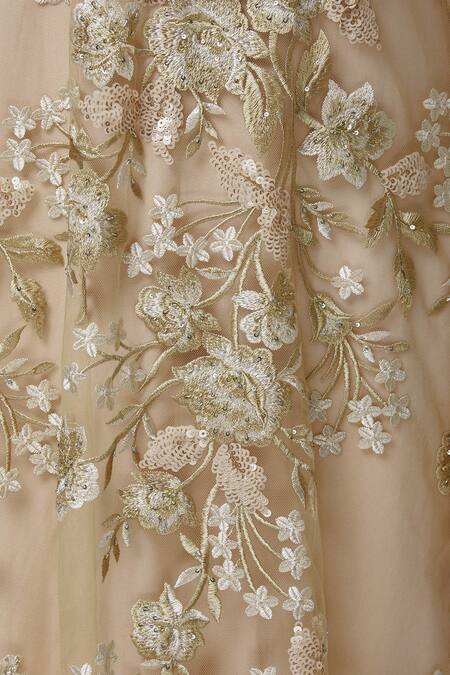 Aariyana Couture_Gold Net, Organza, Bamboo Tassels Collared Embroidered Kurta Set_at_Aza_Fashions