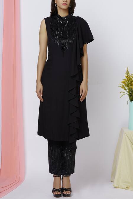 Aariyana Couture Black Modal, Bamboo, Taffeta Sequins, Beads Round Neck Embroidered Kurta Set Online at Aza Fashions Aariyana Couture_Black Modal, Bamboo, Taffeta Sequins, Beads Round Neck Embroidered Kurta Set_Online_at_Aza_Fashions