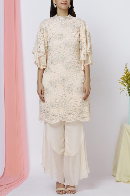 Buy_Ariyana By Aza_Peach Net, Georgette, Satin, Modal Beads Round Neck Embroidered Kurta Set _Online_at_Aza_Fashions