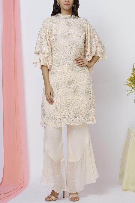 Ariyana By Aza_Peach Net, Georgette, Satin, Modal Beads Round Neck Embroidered Kurta Set _Online_at_Aza_Fashions