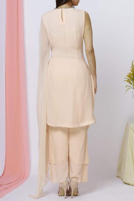 Shop_Ariyana By Aza_Peach Georgette, Modal, Taffeta, Mohair Beads Round Neck Embroidered Kurta Set _at_Aza_Fashions