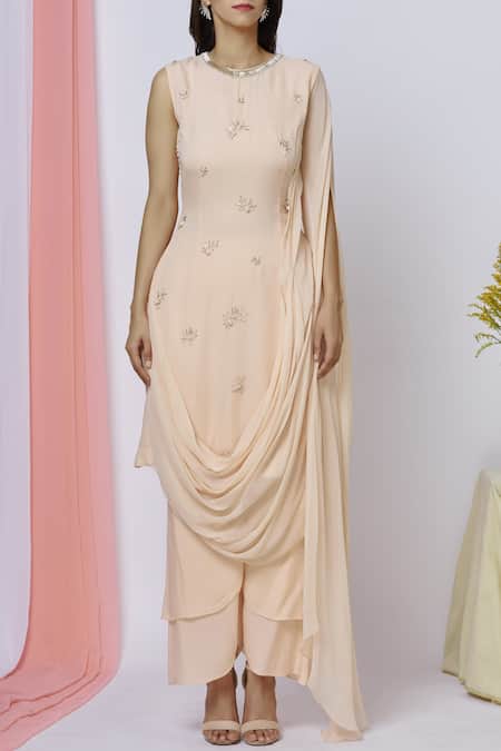 Ariyana By Aza_Peach Georgette, Modal, Taffeta, Mohair Beads Round Neck Embroidered Kurta Set _Online_at_Aza_Fashions