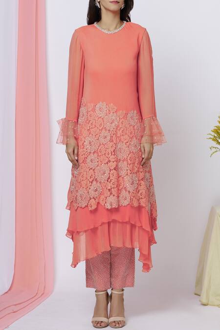 Aariyana Couture_Orange Georgette, Bamboo, Satin Embroidery Round Neck Layered Kurta Pant Set_Online_at_Aza_Fashions