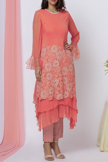Buy_Aariyana Couture_Orange Georgette, Bamboo, Satin Embroidery Round Neck Layered Kurta Pant Set_Online_at_Aza_Fashions