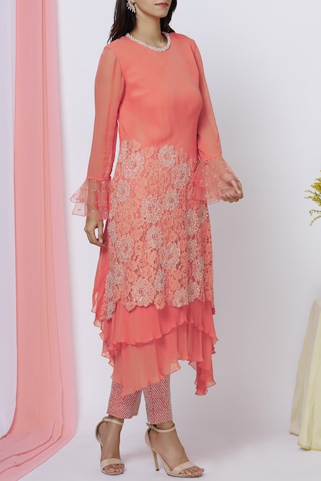 Aariyana Couture Orange Georgette Round Neck Layered Kurta Pant Set 