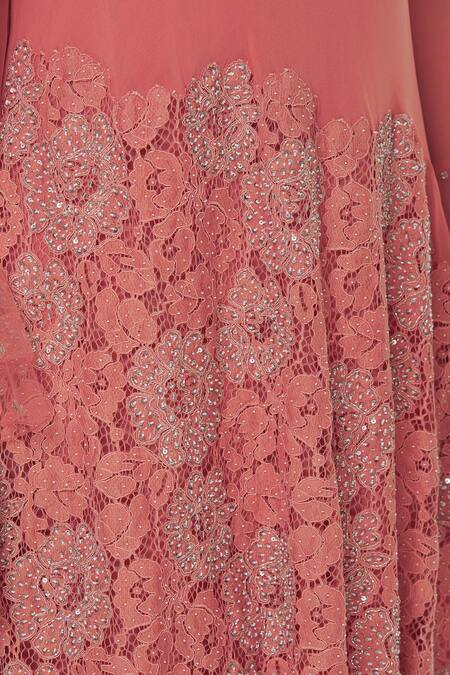 Aariyana Couture_Orange Georgette, Bamboo, Satin Embroidery Round Neck Layered Kurta Pant Set_at_Aza_Fashions