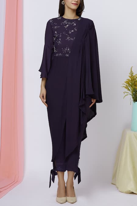 Aariyana Couture_Purple Modal, Satin Beads, Sequins Round Neck Draped Kurta Pant Set_Online_at_Aza_Fashions