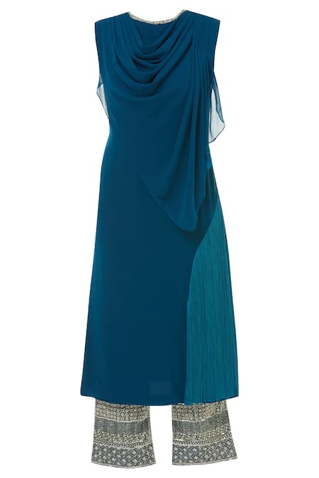 Buy_Aariyana Couture_Blue Georgette Embroidery, Beads, Cut Work, Sequins Round Draped Kurta Pant Set _Online_at_Aza_Fashions