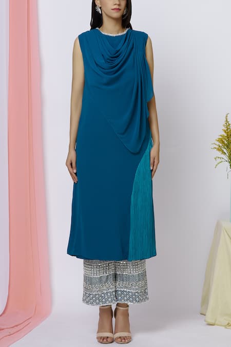 Aariyana Couture_Blue Georgette Embroidery, Beads, Cut Work, Sequins Round Draped Kurta Pant Set _Online_at_Aza_Fashions