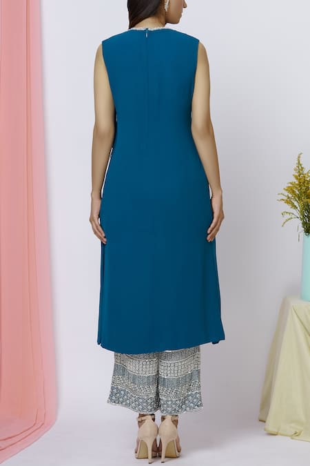 Shop_Aariyana Couture_Blue Georgette Embroidery, Beads, Cut Work, Sequins Round Draped Kurta Pant Set _at_Aza_Fashions