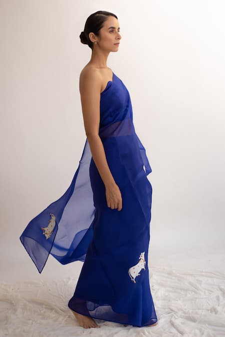 Kapardara_Blue Silk Organza Hand Painted Saree _Online_at_Aza_Fashions