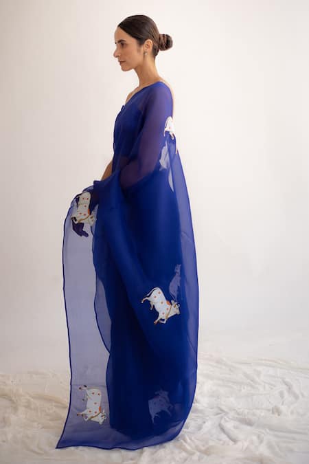 Buy_Kapardara_Blue Silk Organza Hand Painted Saree _Online_at_Aza_Fashions
