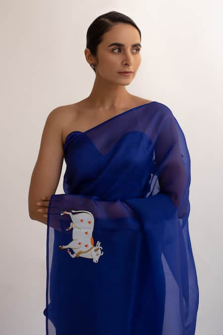 Shop_Kapardara_Blue Silk Organza Hand Painted Saree _Online_at_Aza_Fashions