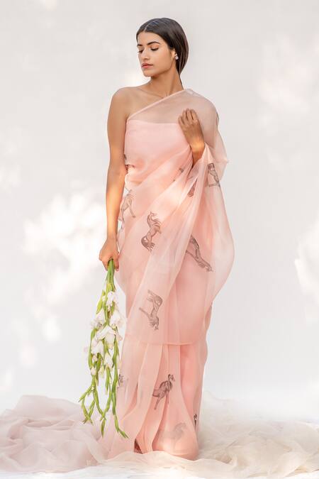 Kapardara_Pink Silk Organza Hand Painted Saree _Online_at_Aza_Fashions