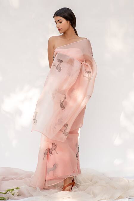 Buy_Kapardara_Pink Silk Organza Hand Painted Saree _Online_at_Aza_Fashions