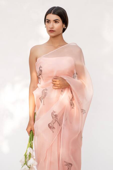 Shop_Kapardara_Pink Silk Organza Hand Painted Saree _Online_at_Aza_Fashions