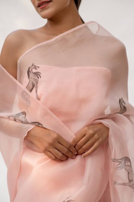 Kapardara_Pink Silk Organza Hand Painted Saree _at_Aza_Fashions