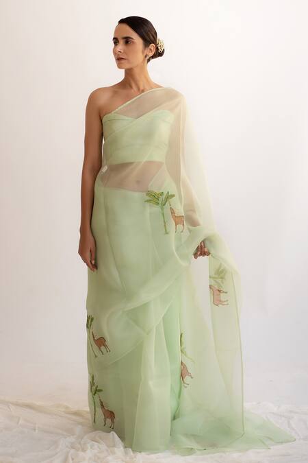 Kapardara_Green Silk Organza Hand Painted Saree _Online_at_Aza_Fashions