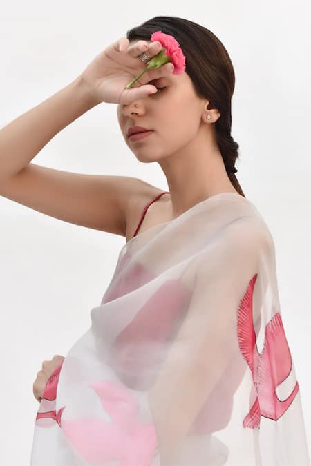 Kapardara_Grey Silk Organza Hand Painted Saree _Online_at_Aza_Fashions