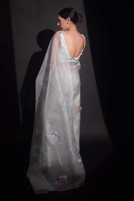 Shop_Kapardara_Blue Pure Silk Organza Floral Hand Painted Saree _at_Aza_Fashions