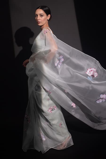 Kapardara_Blue Pure Silk Organza Floral Hand Painted Saree _Online_at_Aza_Fashions