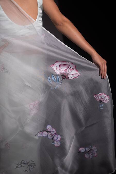 Buy_Kapardara_Blue Pure Silk Organza Floral Hand Painted Saree _Online_at_Aza_Fashions