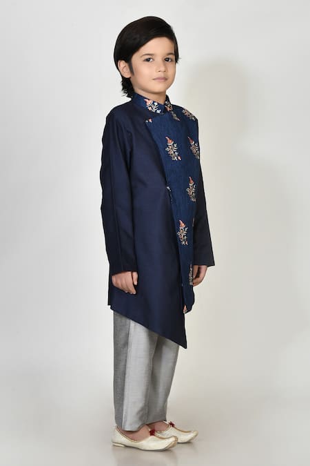 Petite Pomme_Blue Cotton, Silk, Jacquard Embroidery Kurta And Pant Set _Online_at_Aza_Fashions