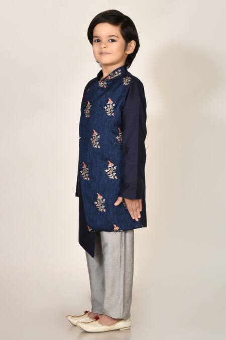 Buy_Petite Pomme_Blue Cotton, Silk, Jacquard Embroidery Kurta And Pant Set _Online_at_Aza_Fashions