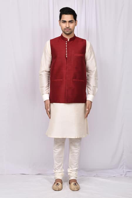 Arihant Rai Sinha_Maroon Silk Bundi And Off-white Kurta Set _Online_at_Aza_Fashions