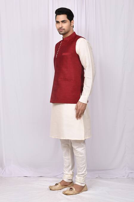 Buy_Arihant Rai Sinha_Maroon Silk Bundi And Off-white Kurta Set _Online_at_Aza_Fashions