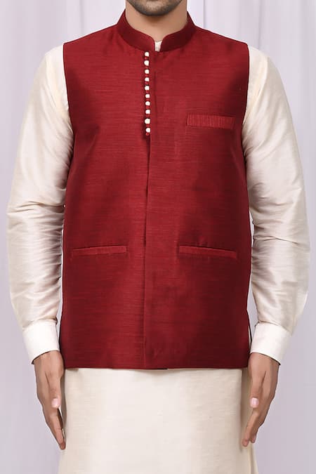 Shop_Arihant Rai Sinha_Maroon Silk Bundi And Off-white Kurta Set _Online_at_Aza_Fashions
