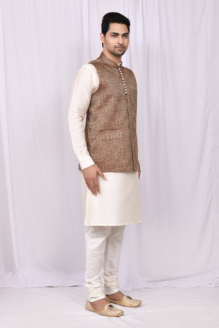 Buy_Arihant Rai Sinha_Brown Silk Floral Woven Bundi And Kurta Set _Online_at_Aza_Fashions