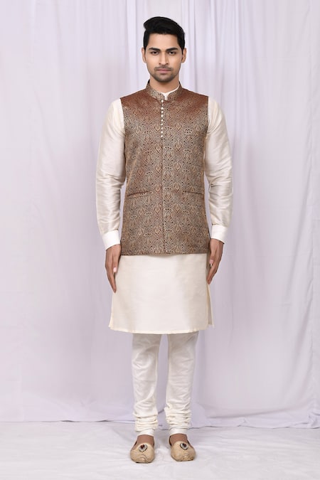 Shop_Arihant Rai Sinha_Brown Silk Floral Woven Bundi And Kurta Set _Online_at_Aza_Fashions