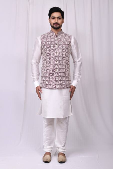 Buy_Arihant Rai Sinha_Purple Silk Sequins Floral Embroidered Bundi Kurta Set_Online_at_Aza_Fashions