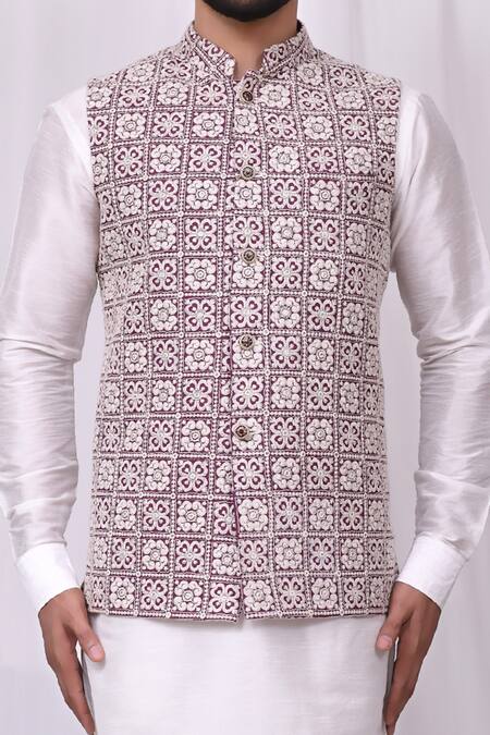 Shop_Arihant Rai Sinha_Purple Silk Sequins Floral Embroidered Bundi Kurta Set_Online_at_Aza_Fashions