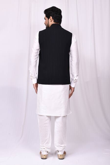 Woven Art Silk Kurta Set in Off White and Black : MGT188