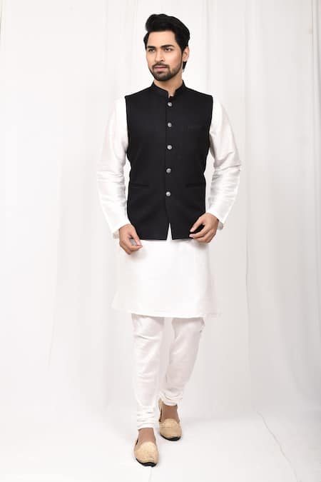 Aryavir Malhotra Black Bundi Poly Silk Plain Mandarin Collar And Kurta Set