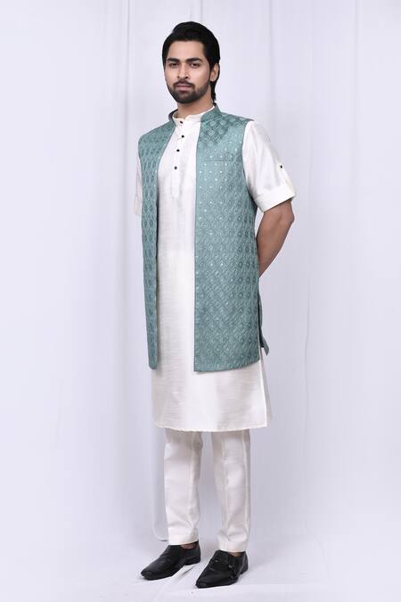 Buy Green Art Silk Embroidered Geometric Bundi And Kurta Set For Men by ...