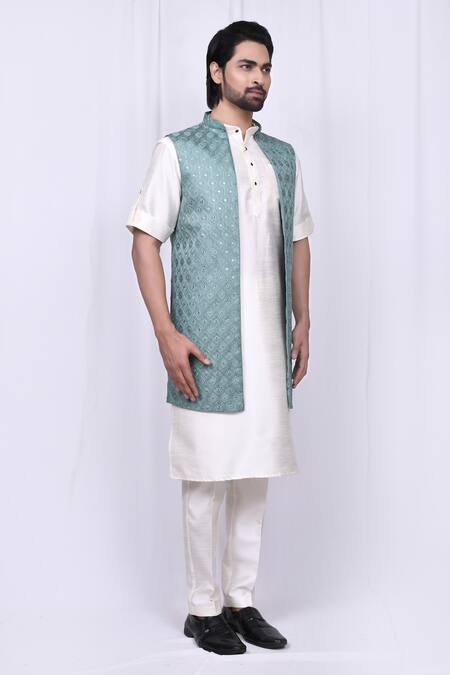 Arihant Rai Sinha Green Pashmina, Silk Mirrors Geometric Embroidered Bundi Set Online at Aza Fashions Arihant Rai Sinha_Green Pashmina, Silk Mirrors Geometric Embroidered Bundi Set _Online_at_Aza_Fashions