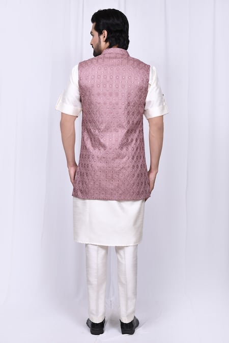 Shop_Arihant Rai Sinha_Purple Pashmina, Silk Mirrors Geometric Embroidered Bundi Set _at_Aza_Fashions