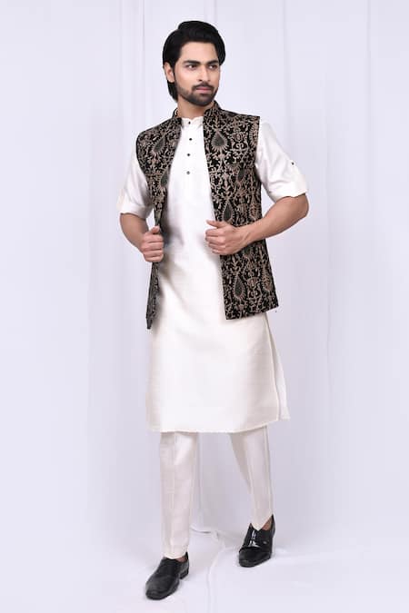 Art Silk Kurta Pajama With Jacket In White And Blue Colour - KP5750223