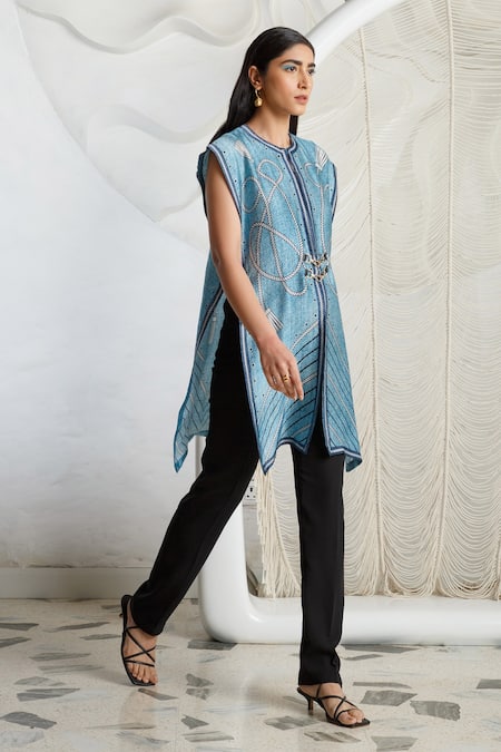 Kamaali Pret Blue Bamberg Satin Round Neck Printed Cover Up Online at Aza Fashions Kamaali Pret_Blue Bamberg Satin Round Neck Printed Cover Up _Online_at_Aza_Fashions