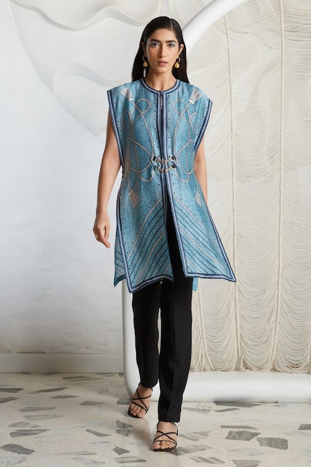 Buy Kamaali Pret Blue Bamberg Satin Round Neck Printed Cover Up Online at Aza Fashions Buy_Kamaali Pret_Blue Bamberg Satin Round Neck Printed Cover Up _Online_at_Aza_Fashions