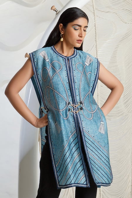 Shop Kamaali Pret Blue Bamberg Satin Round Neck Printed Cover Up Online at Aza Fashions Shop_Kamaali Pret_Blue Bamberg Satin Round Neck Printed Cover Up _Online_at_Aza_Fashions