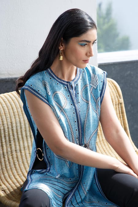 Kamaali Pret Blue Bamberg Satin Round Neck Printed Cover Up at Aza Fashions Kamaali Pret_Blue Bamberg Satin Round Neck Printed Cover Up _at_Aza_Fashions
