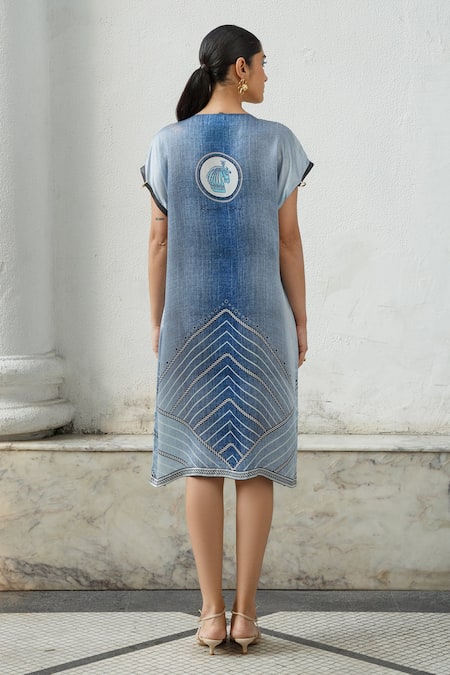 Shop Kamaali Pret Blue Bamberg Satin Horse Motif V Neck Print Shift Midi Dress at Aza Fashions Shop_Kamaali Pret_Blue Bamberg Satin Horse Motif V Neck Print Shift Midi Dress _at_Aza_Fashions