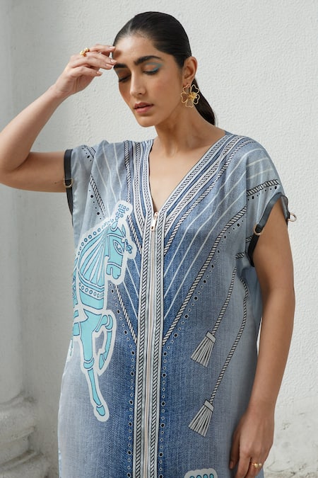 Shop Kamaali Pret Blue Bamberg Satin Horse Motif V Neck Print Shift Midi Dress Online at Aza Fashions Shop_Kamaali Pret_Blue Bamberg Satin Horse Motif V Neck Print Shift Midi Dress _Online_at_Aza_Fashions