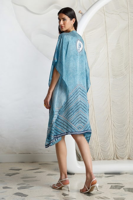 Shop Kamaali Pret Blue Bamberg Satin Horse Motif V Neck Print Shift Dress at Aza Fashions Shop_Kamaali Pret_Blue Bamberg Satin Horse Motif V Neck Print Shift Dress _at_Aza_Fashions