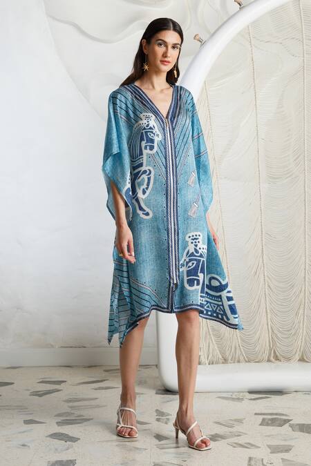 Kamaali Pret Blue Bamberg Satin Horse Motif V Neck Print Shift Dress Online at Aza Fashions Kamaali Pret_Blue Bamberg Satin Horse Motif V Neck Print Shift Dress _Online_at_Aza_Fashions